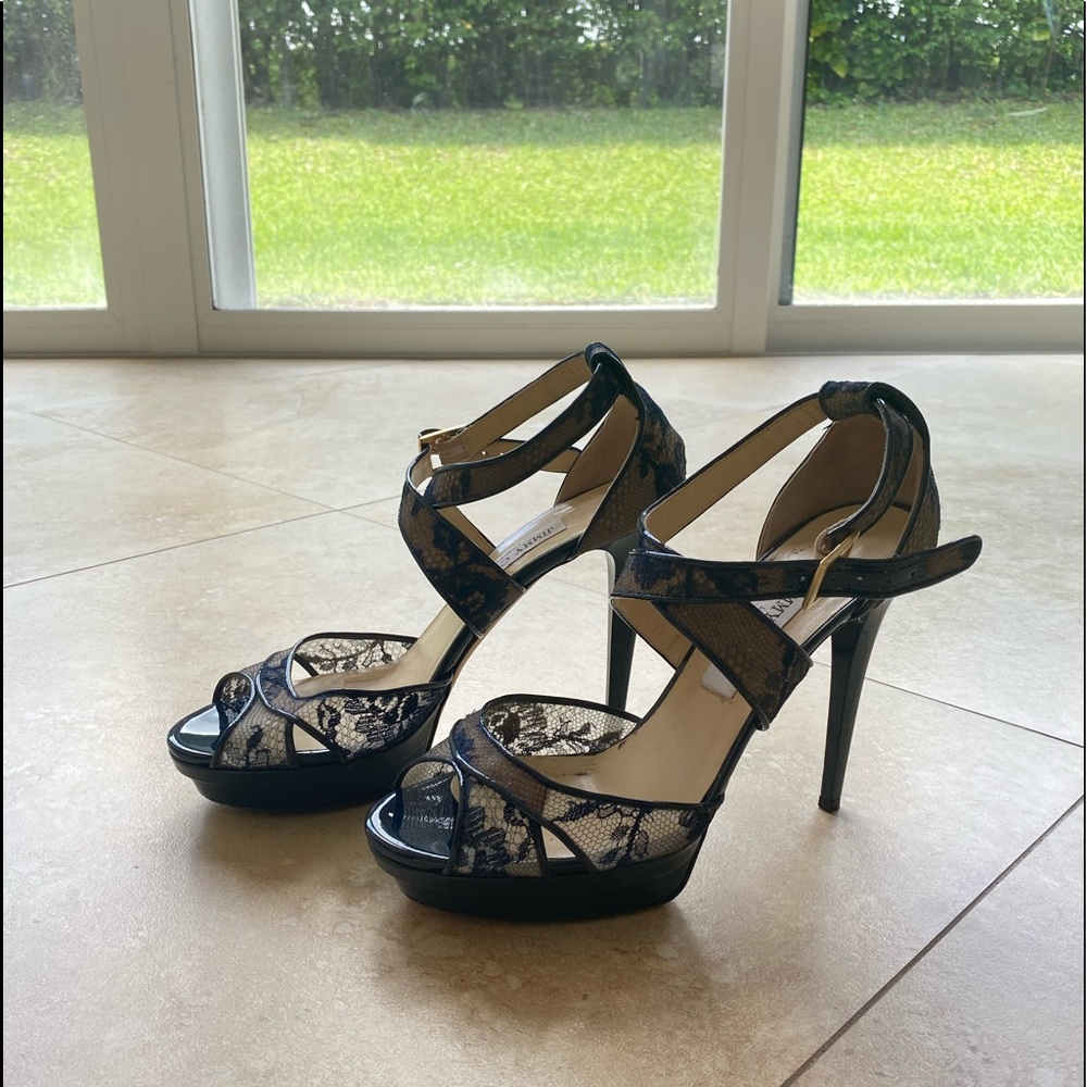 Jimmy Choo’s Navy lace crisscross heels